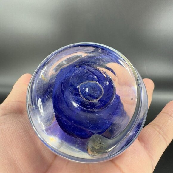 Hand Blown Studio Glass Paperweight Figurine Cobalt Blue Swirl Clear Edges VTG - Picture 7 of 16